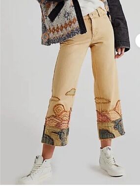 We The Free Tan Cropped Jeans with Embroidered Scenic Cuffs